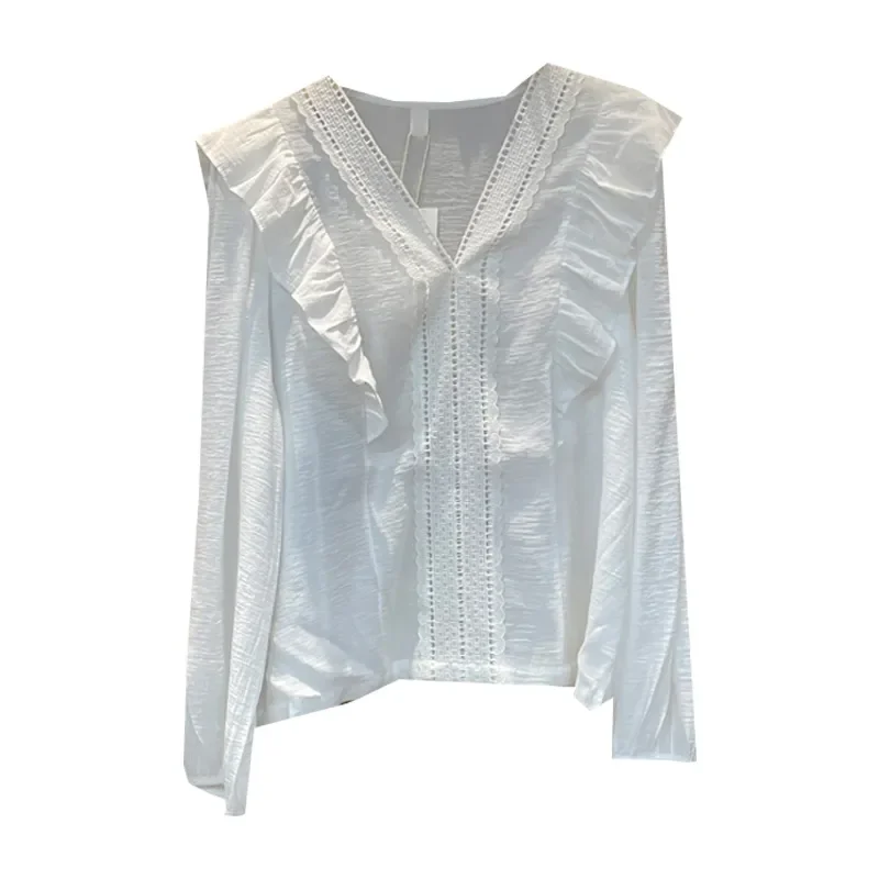 Women's White Long Sleeve Blouse with V-neck Ruffle Trim and Eyelet Embroidery Detail
Women's White Long Sleeve Blouse with V-neck Ruffle Trim and Eyelet Embroidery Detail