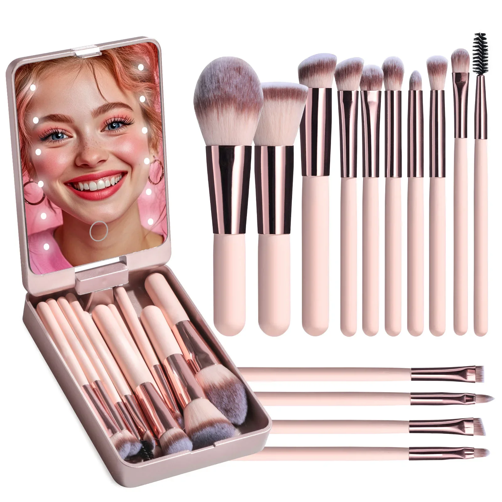14-Piece Makeup Brush Set with Illuminated Mirror, Portable Short Handle,LED Light,USB Rechargeable Makeup Brushes Kit
14-Piece Makeup Brush Set with Illuminated Mirror, Portable Short Handle,LED Light,USB Rechargeable Makeup Brushes Kit
