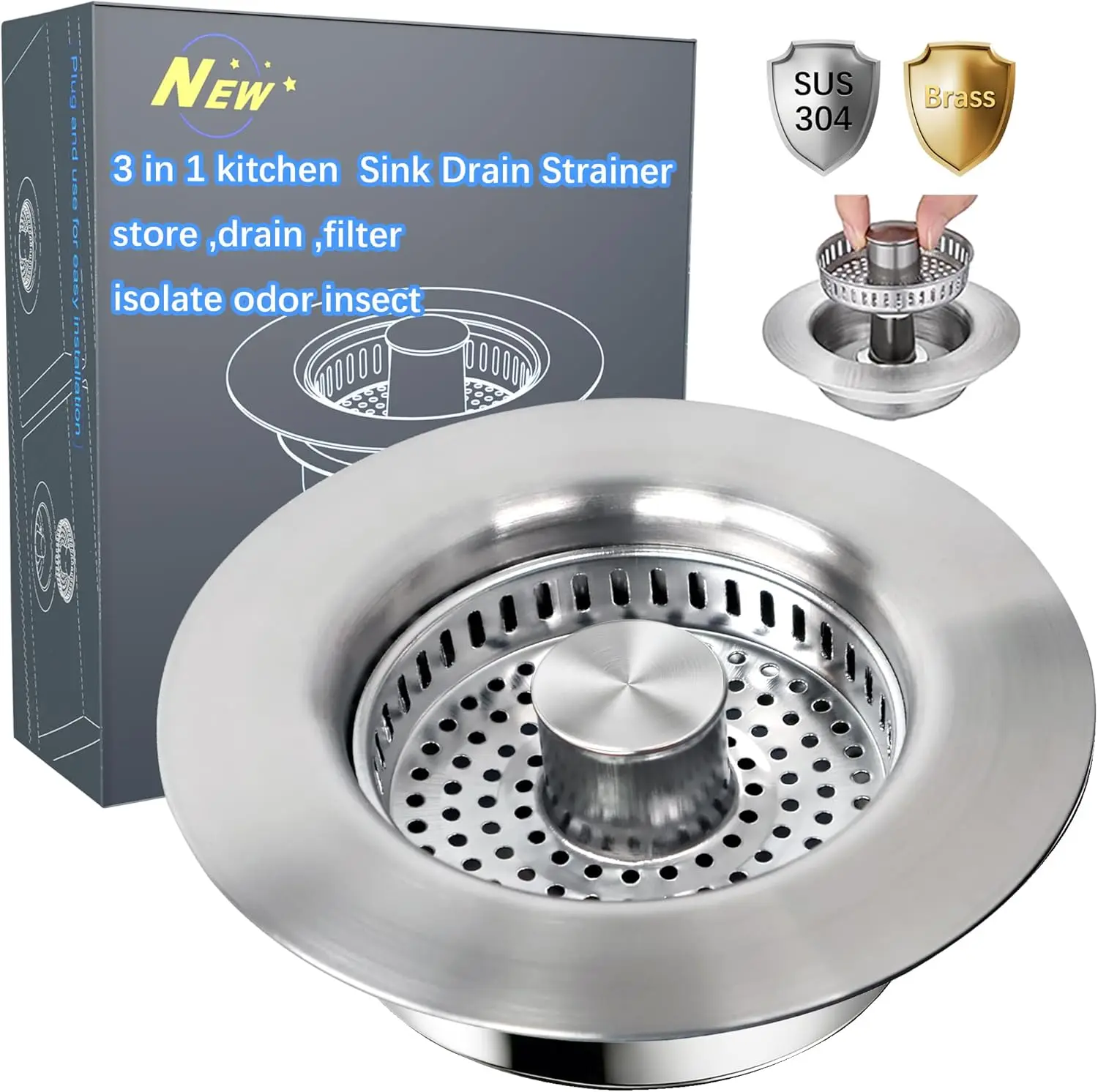 3 in 1 Kitchen Sink Drain Strainer with Pop-Up Stopper for US Standard 3-1/2" Drain Hole, Stainless Steel & Brass
3 in 1 Kitchen Sink Drain Strainer with Pop-Up Stopper for US Standard 3-1/2" Drain Hole, Stainless Steel & Brass