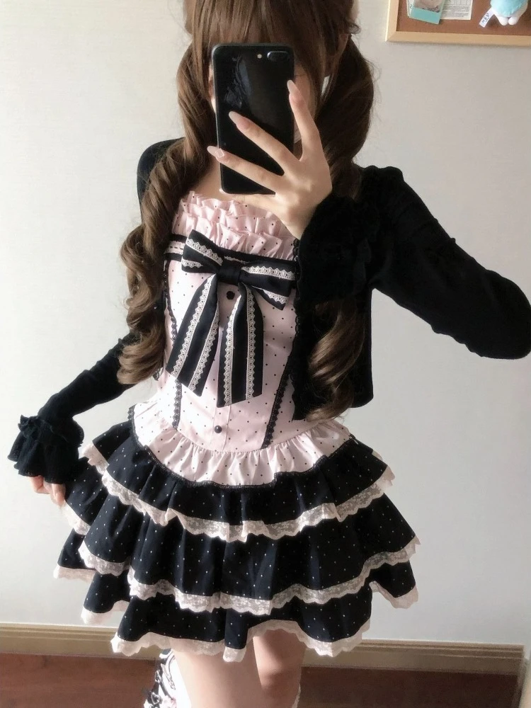 Korean Fashion Sweet Long Sleeve Cardigan Japanese Pink Polka Dot Bow Slim Sling Vest High-waist Short Skirt 3-piece Set Women
Korean Fashion Sweet Long Sleeve Cardigan Japanese Pink Polka Dot Bow Slim Sling Vest High-waist Short Skirt 3-piece Set Women