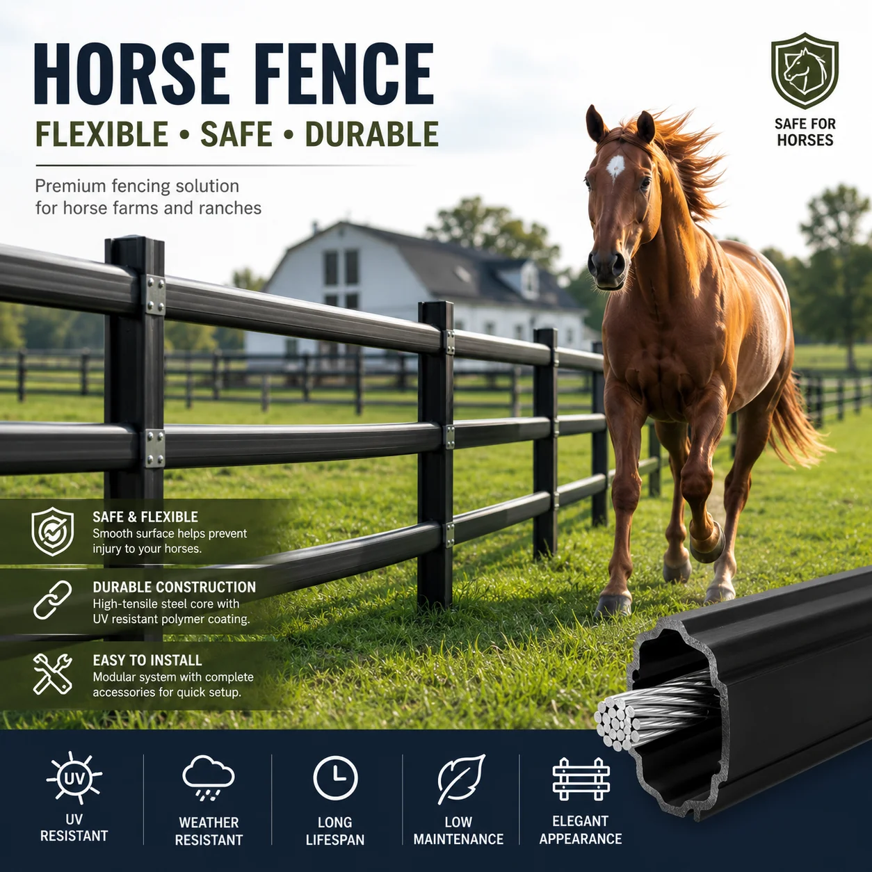 Maintenance Free Flexible Vinyl Horse Fence Roll Equine Rail System Durable Weatherproof Ranch Paddock Fencing High Strength
Maintenance Free Flexible Vinyl Horse Fence Roll Equine Rail System Durable Weatherproof Ranch Paddock Fencing High Strength