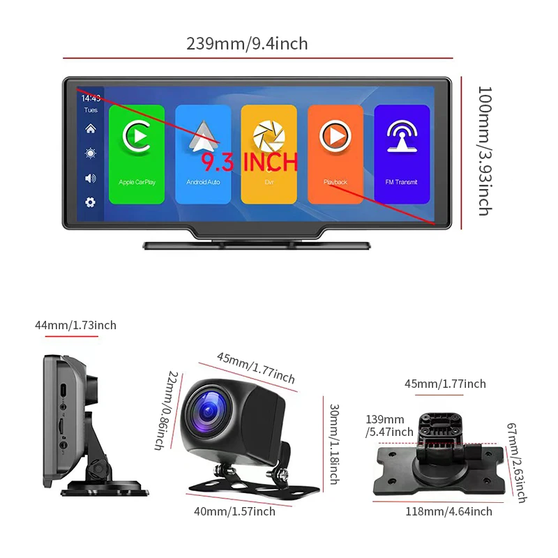 10.25 Inch Carplay Support Dual Dash CAM Touch Screen Multi-language DVD Player High Definition Dual Recorder DVR With Camera