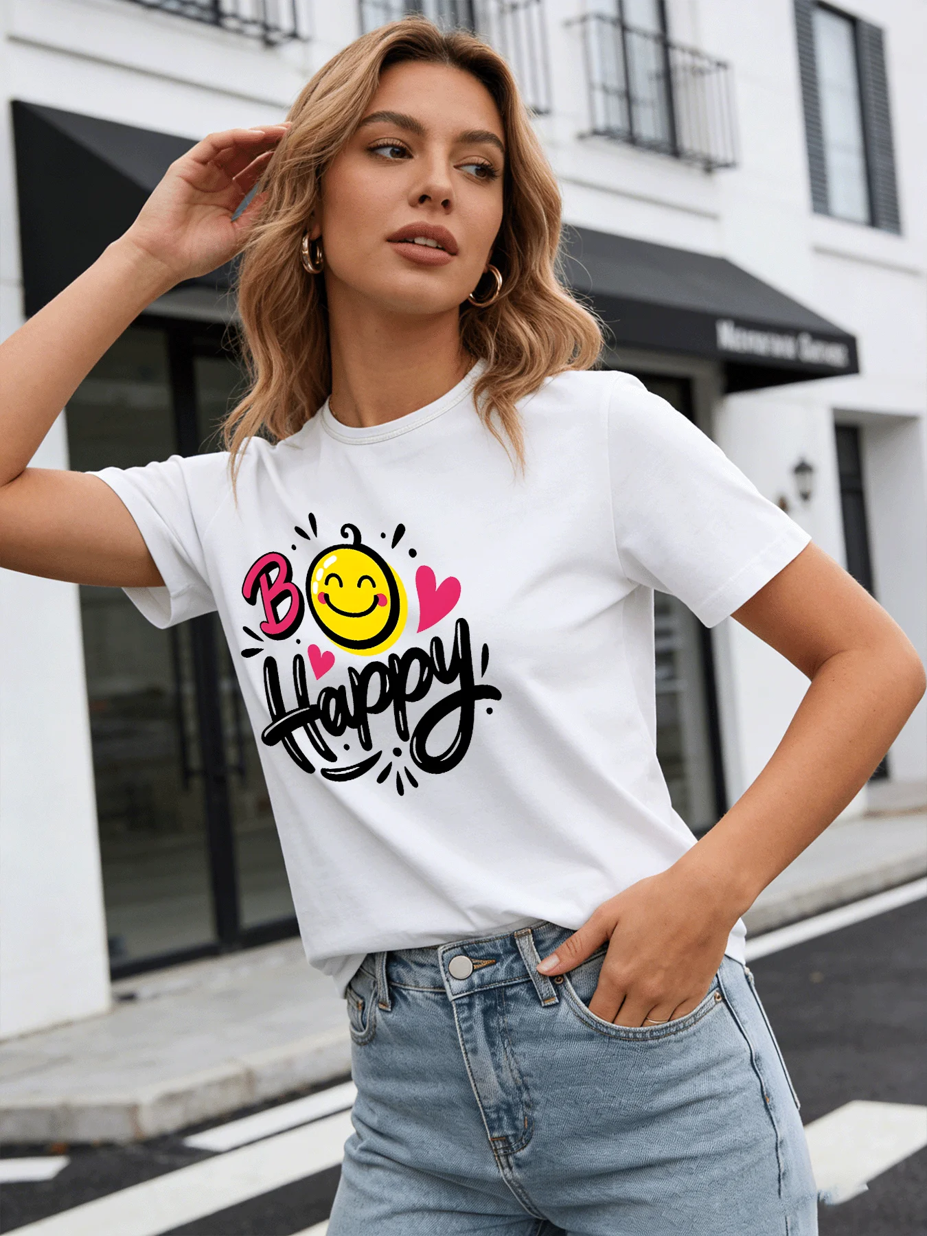 2026 Spring/Summer New Women's Round Neck Casual T-Shirt with Smiley Face and Happy Letter Print
2026 Spring/Summer New Women's Round Neck Casual T-Shirt with Smiley Face and Happy Letter Print