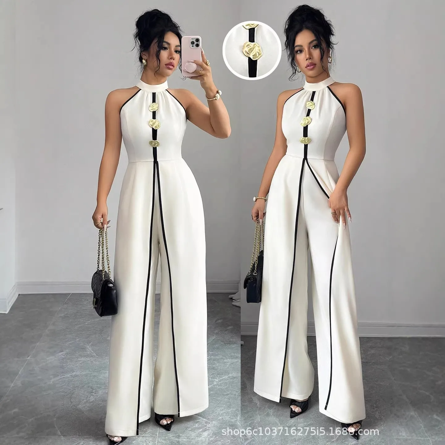 Elegant Women's Jumpsuit Sleeveless Halter Neck Jumpsuits Wide Leg Button Front Romper Mid Waist Long Jumpsuit Maxi Solid White
Elegant Women's Jumpsuit Sleeveless Halter Neck Jumpsuits Wide Leg Button Front Romper Mid Waist Long Jumpsuit Maxi Solid White