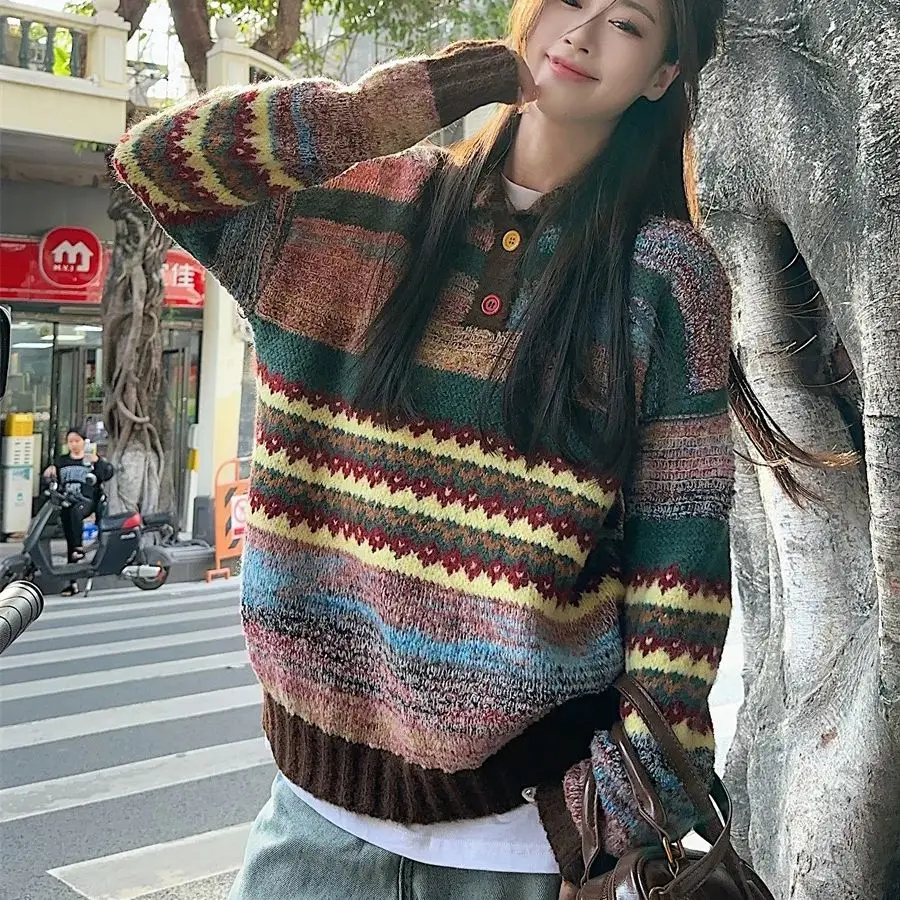 Retro Colorful Striped Lapel Sweater Women Autumn and Winter Long Sleeve Loose Knit Sweater Artistic Contrast Color Lazy S
Retro Colorful Striped Lapel Sweater Women Autumn and Winter Long Sleeve Loose Knit Sweater Artistic Contrast Color Lazy S