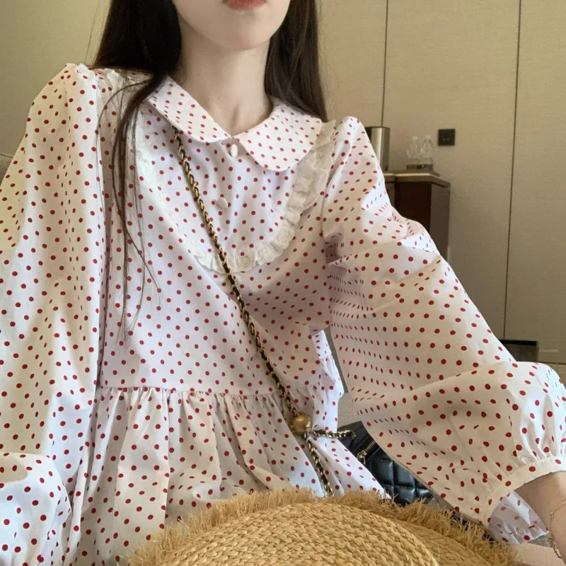 Female Spring Summer Fashion Preppy Style Polka Dot All-match Appear Thin Women Shirts Button Lace Peter Pan Collar Long Sleeve
Female Spring Summer Fashion Preppy Style Polka Dot All-match Appear Thin Women Shirts Button Lace Peter Pan Collar Long Sleeve