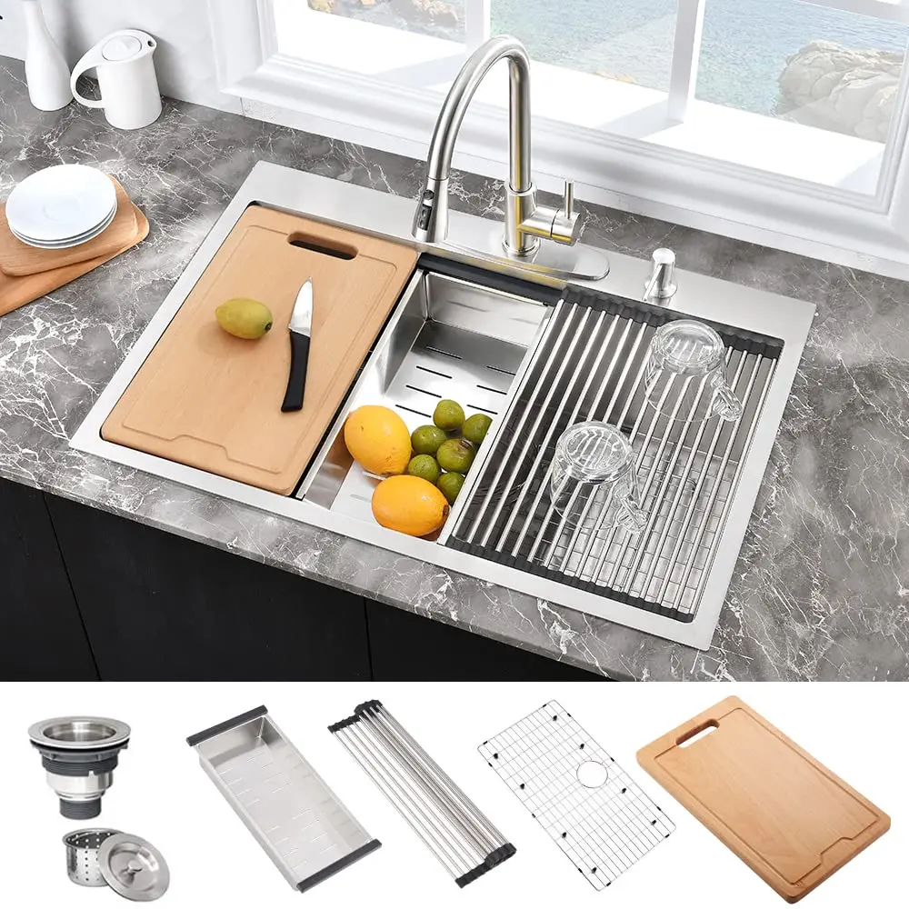 33 Inch Stainless Steel Drop In Workstation Sink With Cutting Board And Accessories
33 Inch Stainless Steel Drop In Workstation Sink With Cutting Board And Accessories