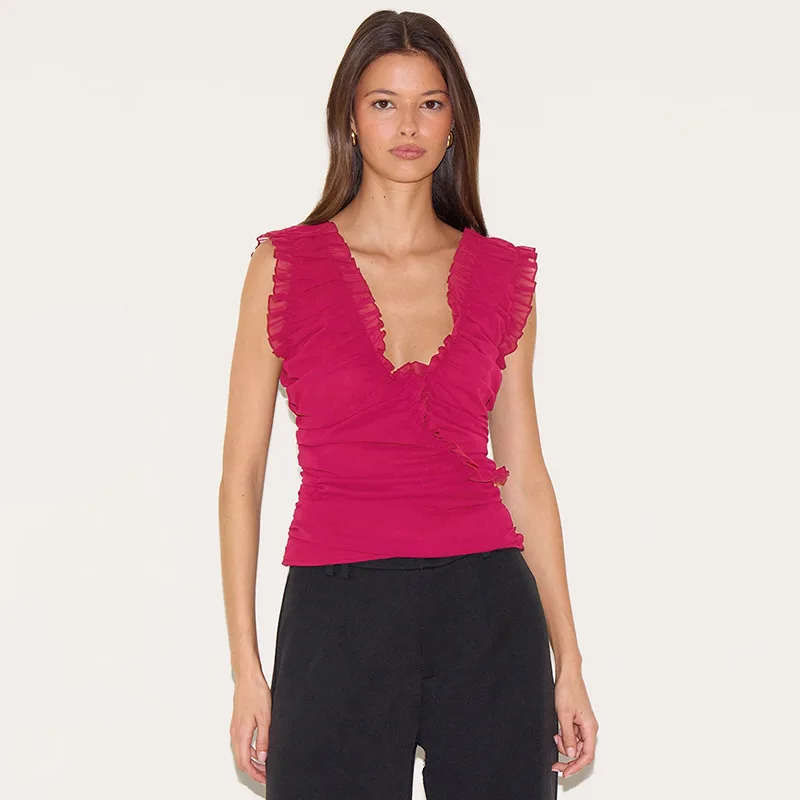 2025 New Arrival Female Fuchsia Sleeveless V Neck Mesh Frill Top Shirt For Summer Plum Chiffon Ruffle Ruched Sleeveless Top
2025 New Arrival Female Fuchsia Sleeveless V Neck Mesh Frill Top Shirt For Summer Plum Chiffon Ruffle Ruched Sleeveless Top