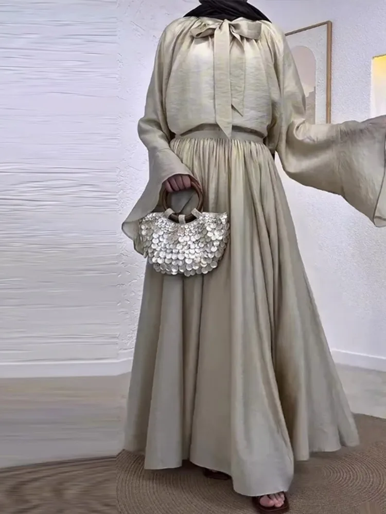 Muslim Women's Skirt Suit Laple Flare Sleeve Single Breasted Shirts Elastic Waist Wide Long Skirts Female Summer Beach Outfits
Muslim Women's Skirt Suit Laple Flare Sleeve Single Breasted Shirts Elastic Waist Wide Long Skirts Female Summer Beach Outfits