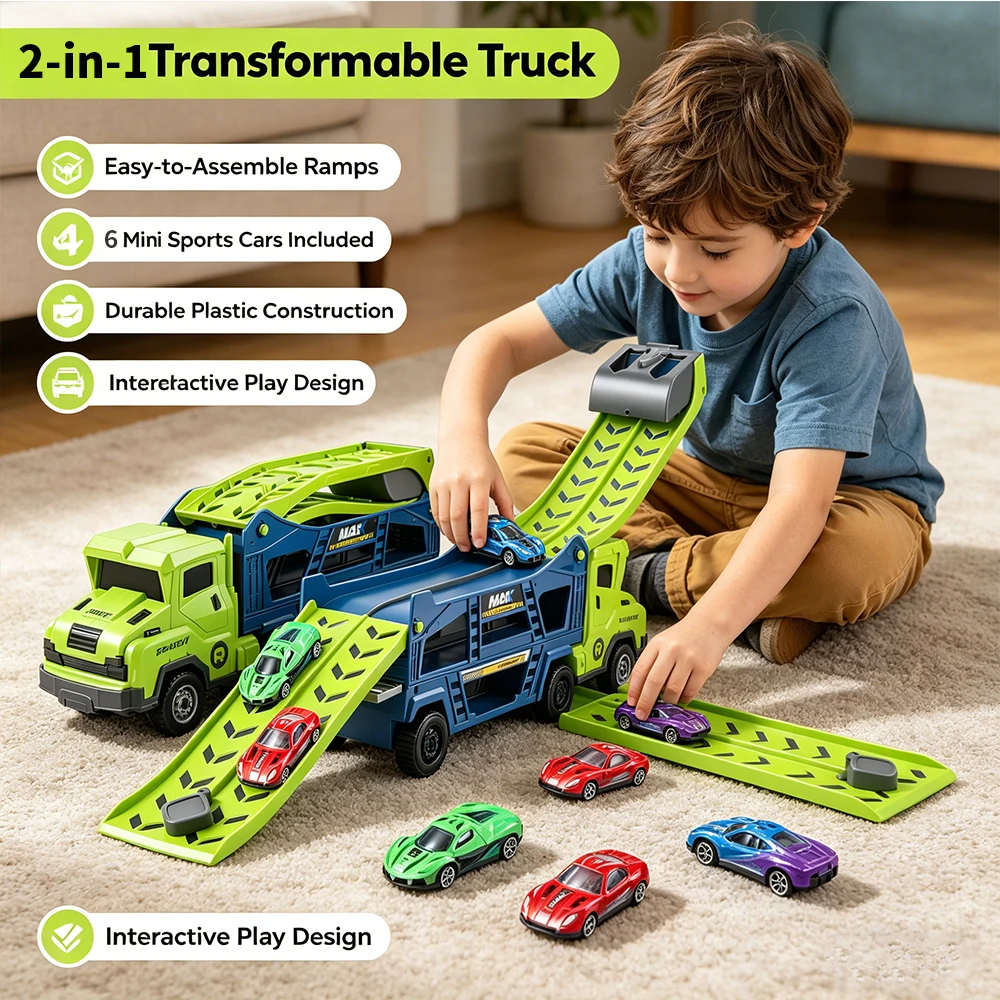 Foldable Dual Launch Truck Toy, 2-in-1 Race Track & Storage Transporter Playset with Mini Cars, Durable ABS Material for Kids
Foldable Dual Launch Truck Toy, 2-in-1 Race Track & Storage Transporter Playset with Mini Cars, Durable ABS Material for Kids