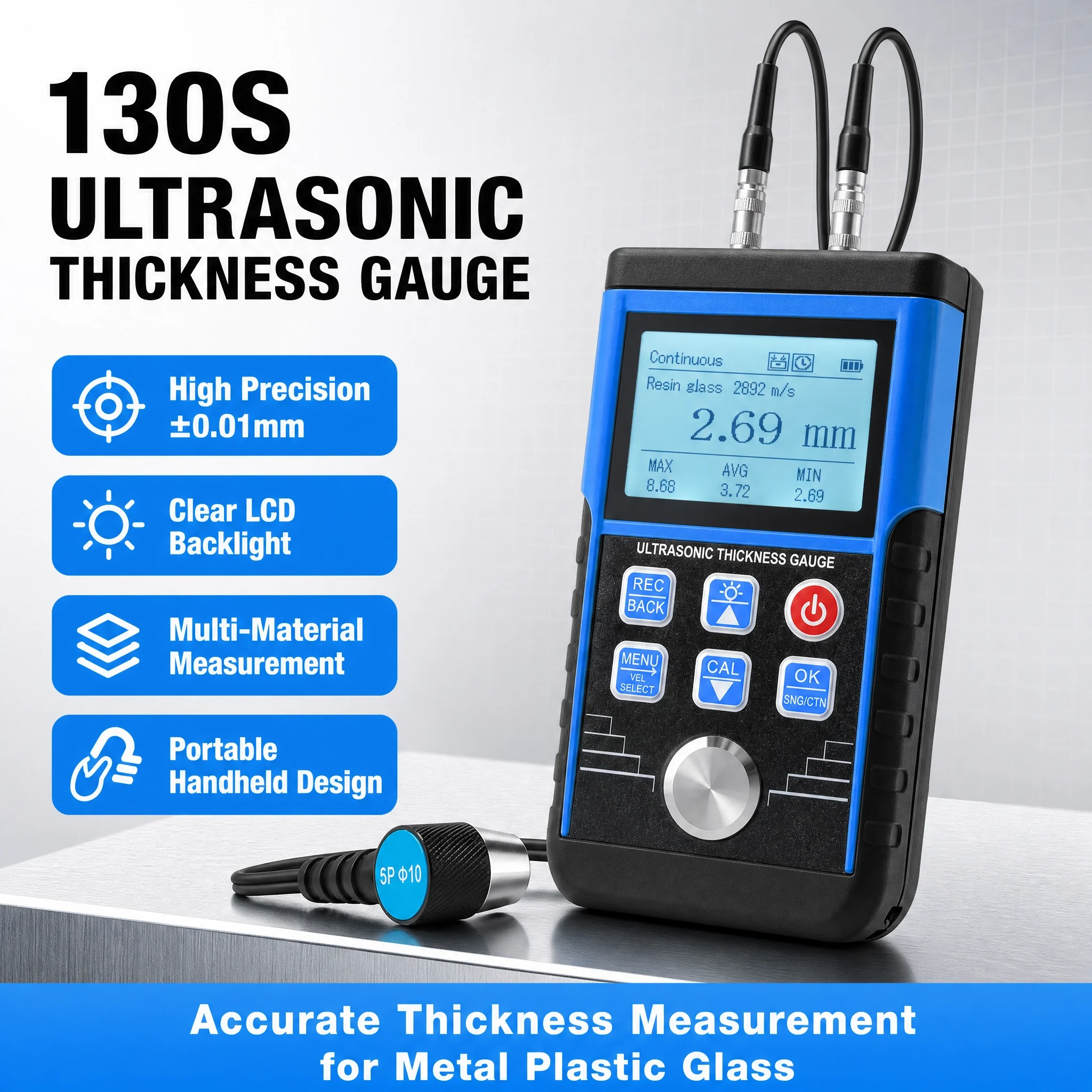 High Precision Ultrasonic Thickness Meter, 0.01mm Resolution with Auto Calibration for Steel Aluminum Glass PVC Testing
High Precision Ultrasonic Thickness Meter, 0.01mm Resolution with Auto Calibration for Steel Aluminum Glass PVC Testing