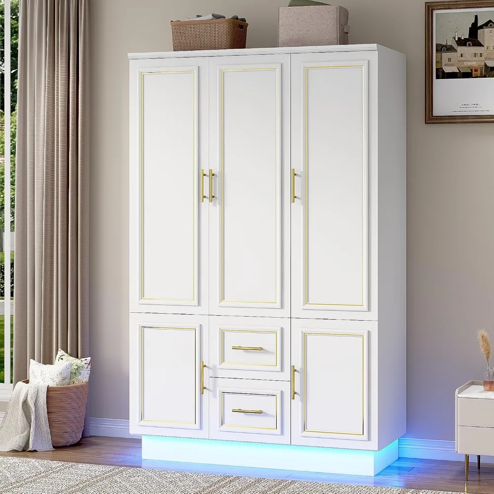 75” Tall 3 Doors Armoire Wardrobe Closet with 2 Drawers and LED Lights, with Shelves and Hanging Rod, Wardrobes
75” Tall 3 Doors Armoire Wardrobe Closet with 2 Drawers and LED Lights, with Shelves and Hanging Rod, Wardrobes