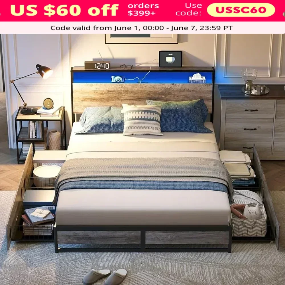 Bed frame with RGB light and fast charger with storage, bed frame with 4 drawers and headboard
Bed frame with RGB light and fast charger with storage, bed frame with 4 drawers and headboard
