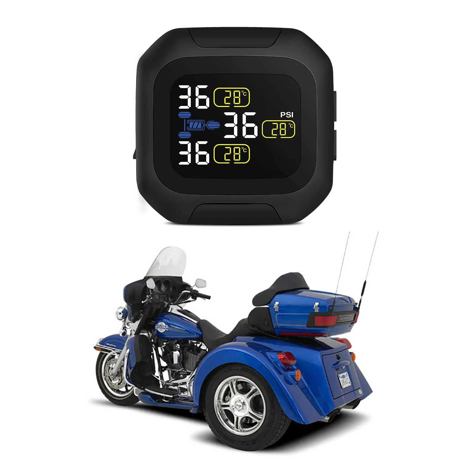 Three Wheeled Motorcycle Tire Pressure Monitoring Intelligent System TPMS and Three External Sensors
Three Wheeled Motorcycle Tire Pressure Monitoring Intelligent System TPMS and Three External Sensors