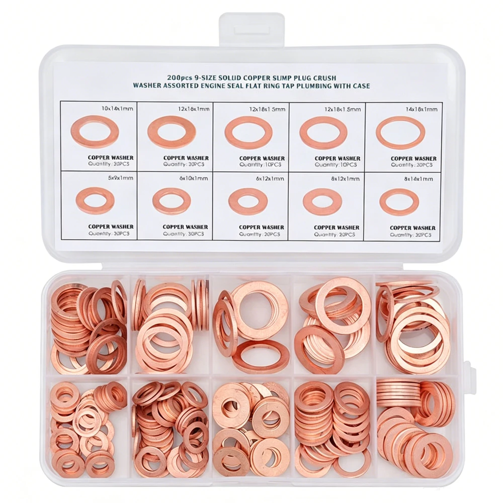 200Pcs Copper Washer Assortment Box, Copper O-Ring Gasket Oil Seal Flat Ring Copper Sealing Washers for Hardware Plumbing Repair
200Pcs Copper Washer Assortment Box, Copper O-Ring Gasket Oil Seal Flat Ring Copper Sealing Washers for Hardware Plumbing Repair
