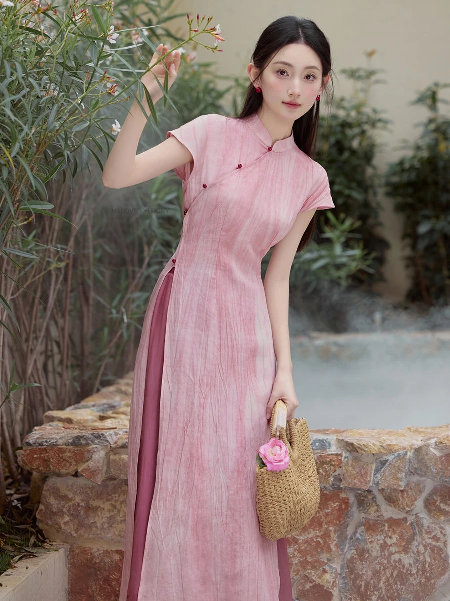 New Chinese National Style Beautiful Pink Cheongsam Female Pink Temperament Dress Zen Tea Suit wide-leg Pants two-piece Suit
New Chinese National Style Beautiful Pink Cheongsam Female Pink Temperament Dress Zen Tea Suit wide-leg Pants two-piece Suit