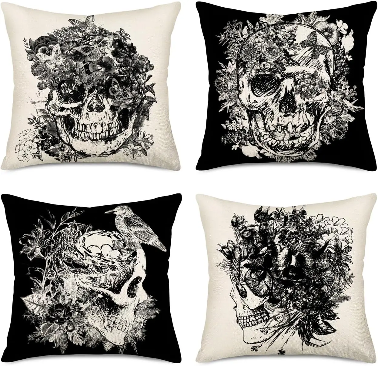 4Pcs Mystical Skull Throw Pillow Covers with Black and White Floral Pattern Cushion Cases for Study Lounge Hotel Room Home Decor
4Pcs Mystical Skull Throw Pillow Covers with Black and White Floral Pattern Cushion Cases for Study Lounge Hotel Room Home Decor