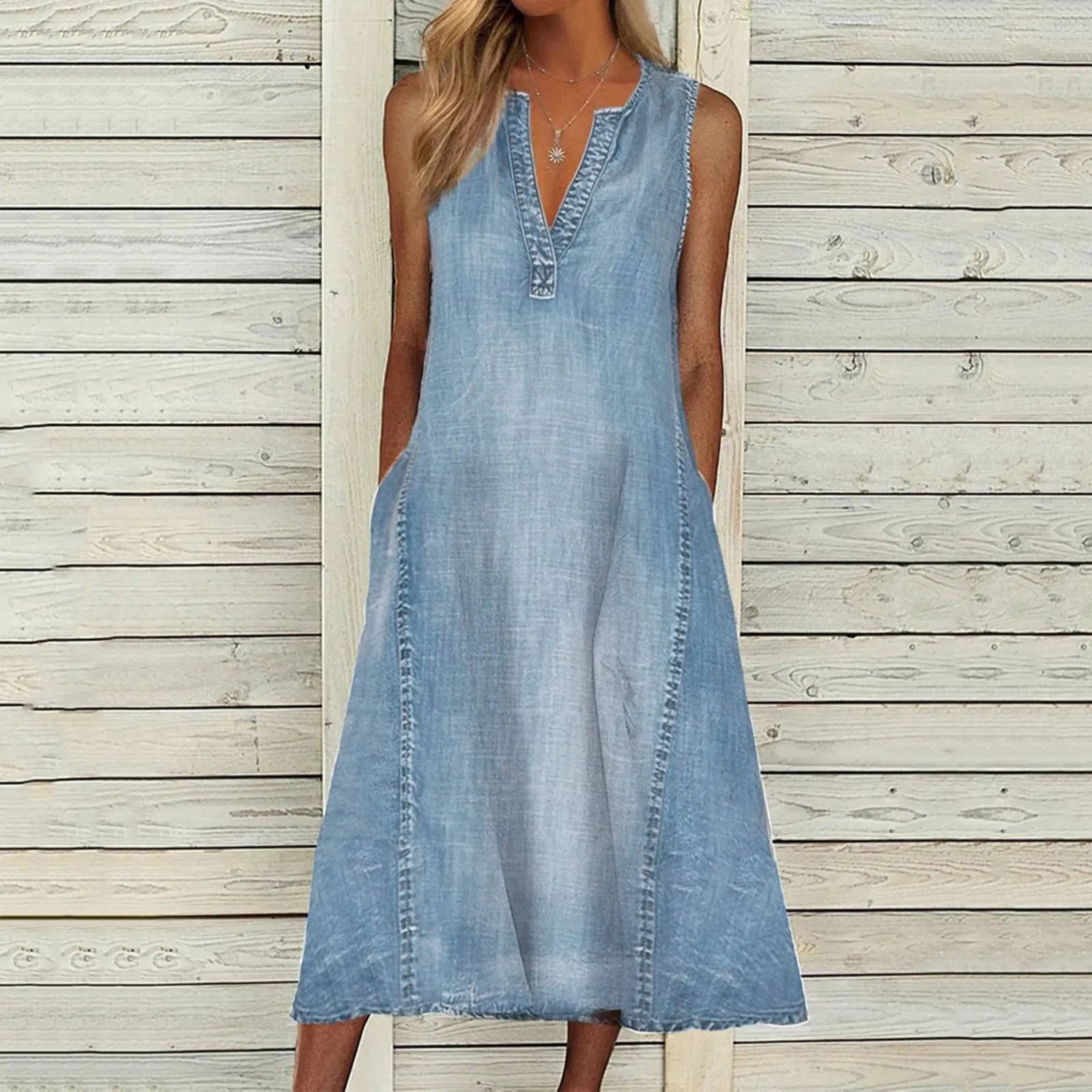 Summer Sleeveless A-Line Dress Women Sexy V-Neck Blue Denim Loose Midi Dress Pockets Casual Beach Long Dresses 2024 Autumn
Summer Sleeveless A-Line Dress Women Sexy V-Neck Blue Denim Loose Midi Dress Pockets Casual Beach Long Dresses 2024 Autumn