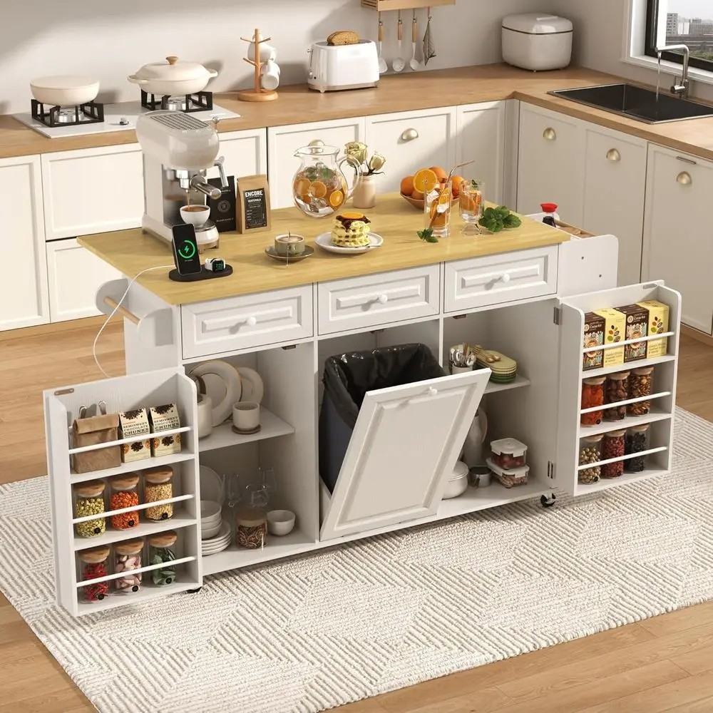62 Rolling Kitchen Island with Power Outlet, Drop Leaf, Storage, Hidden Trash, Spice Rack, Shelves, Towel Holder for Small Space
62 Rolling Kitchen Island with Power Outlet, Drop Leaf, Storage, Hidden Trash, Spice Rack, Shelves, Towel Holder for Small Space