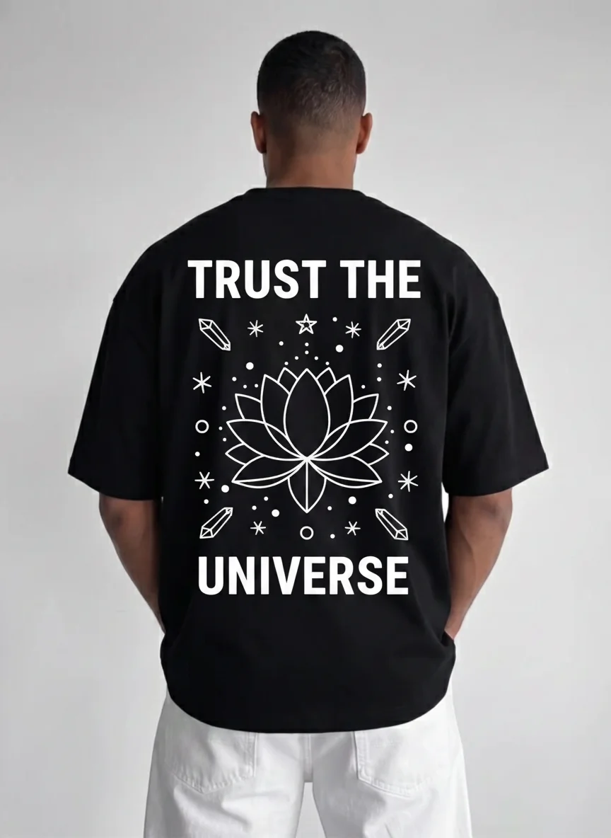 Black Back Print Lotus Graphic Tee Trust the Universe Spiritual Printed Tee with White Line Art Lotus Crystals Stars Cosmic
Black Back Print Lotus Graphic Tee Trust the Universe Spiritual Printed Tee with White Line Art Lotus Crystals Stars Cosmic