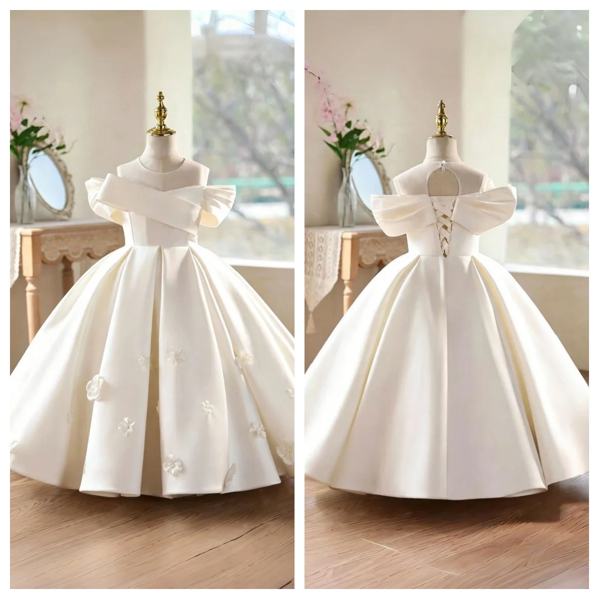 Ivory Off Shoulder Satin Flower Girl Dress 3D Floral Applique Princess Ball Gown Floor Length for Wedding Birthday Party Dress
Ivory Off Shoulder Satin Flower Girl Dress 3D Floral Applique Princess Ball Gown Floor Length for Wedding Birthday Party Dress