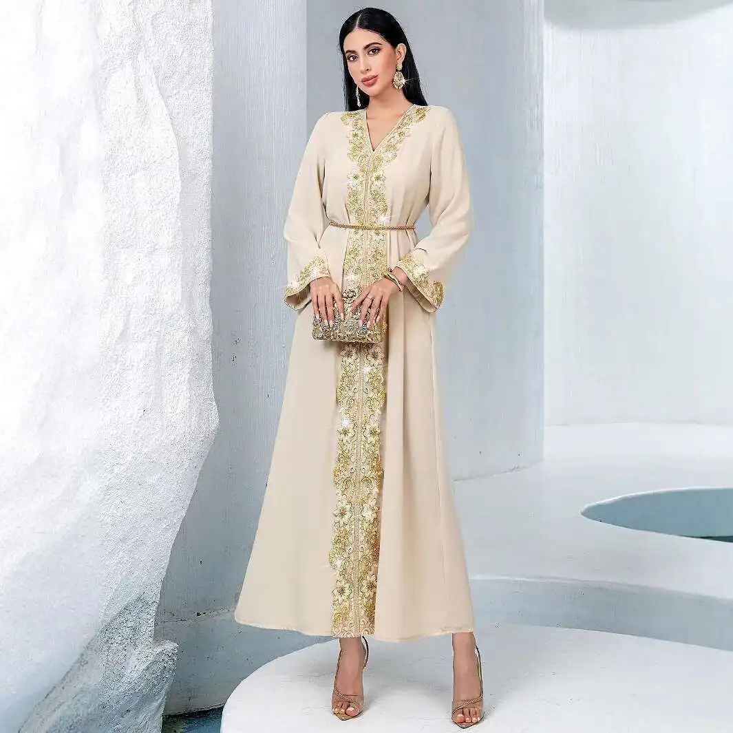 BA40931 New Apricot V-neck A-line Skirt Fashion Gold Lace Rice Bead Embroidered Lace Splicing Long Dress
BA40931 New Apricot V-neck A-line Skirt Fashion Gold Lace Rice Bead Embroidered Lace Splicing Long Dress