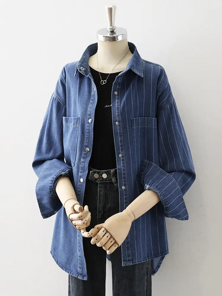 SuperAen Spring New Mid-length Denim Long-sleeved Shirt for Women Loose Design Striped Patchwork Oversize Simple Casual Top
SuperAen Spring New Mid-length Denim Long-sleeved Shirt for Women Loose Design Striped Patchwork Oversize Simple Casual Top