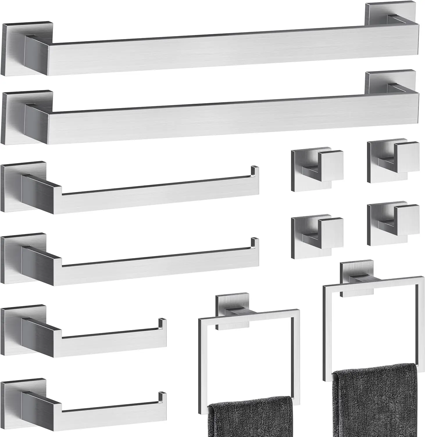 12-Piece Brushed Nickel Bathroom Set. Heavy Duty. 16" Towel Rack, Holder, Paper Holder, Ring, Hook.
12-Piece Brushed Nickel Bathroom Set. Heavy Duty. 16" Towel Rack, Holder, Paper Holder, Ring, Hook.
