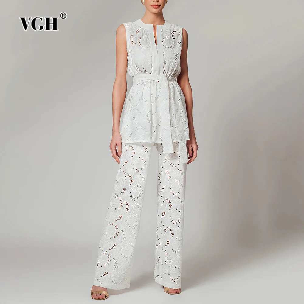VGH Hollow Out Two Piece Set For Women Round Neck Sleeveless Spliced Lace Up Top High Waist Wide Leg Pants Casual Sets Female
VGH Hollow Out Two Piece Set For Women Round Neck Sleeveless Spliced Lace Up Top High Waist Wide Leg Pants Casual Sets Female