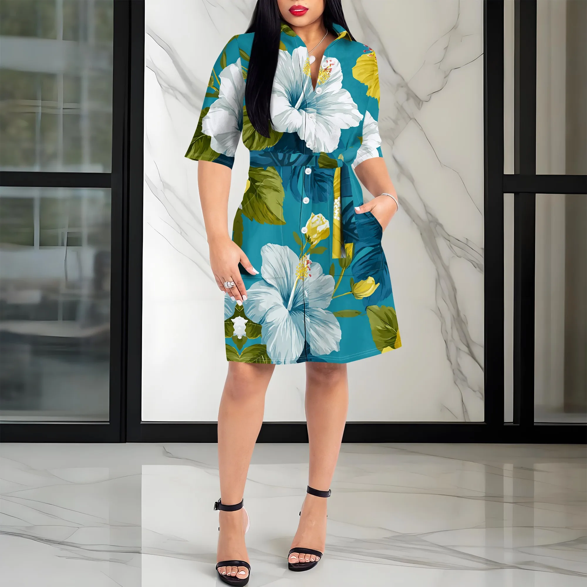Women's Tropical Floral Shirt Dress - V-Neck Half Sleeve Belted XS-3XL - Summer Office & Vacation Casual Wear
Women's Tropical Floral Shirt Dress - V-Neck Half Sleeve Belted XS-3XL - Summer Office & Vacation Casual Wear