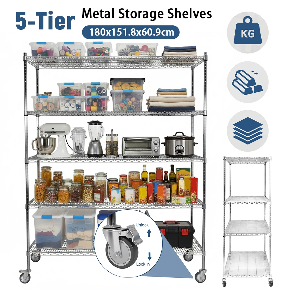 5-Tier 70.87x59.76x23.98in Metal Wire Shelving with Wheels Storage Rack Organizer for Warehouse Garage Hospital Commercial Space
5-Tier 70.87x59.76x23.98in Metal Wire Shelving with Wheels Storage Rack Organizer for Warehouse Garage Hospital Commercial Space
