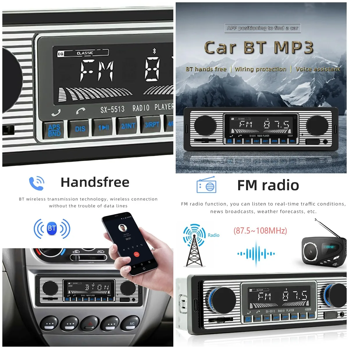 Classic Single DIN Car Radio with Bluetooth, FM, Hands-Free Calling, Voice Control, USB/SD/AUX, Remote
Classic Single DIN Car Radio with Bluetooth, FM, Hands-Free Calling, Voice Control, USB/SD/AUX, Remote