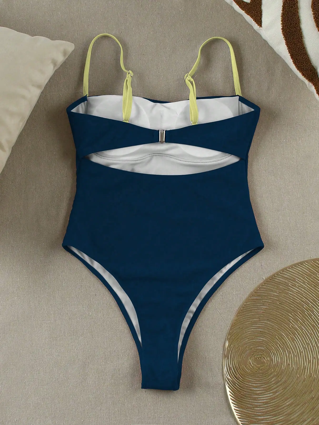 Navy Blue Solid One Piece Swimsuit With Yellow Straps For Beach Vacation Party
Navy Blue Solid One Piece Swimsuit With Yellow Straps For Beach Vacation Party