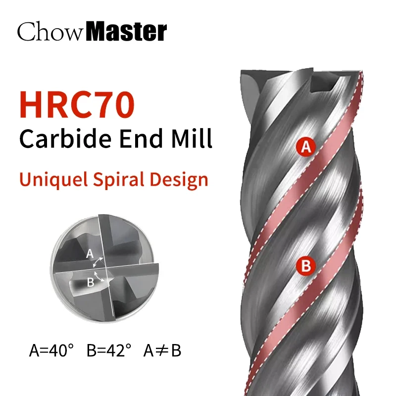 Chowmaster HRC70 Carbide End Mill Unequal Spiral Efficient Tungsten Cutter 4 Flute Metal Steel Machining Tool 6 8 12 14 20mm CNC
Chowmaster HRC70 Carbide End Mill Unequal Spiral Efficient Tungsten Cutter 4 Flute Metal Steel Machining Tool 6 8 12 14 20mm CNC