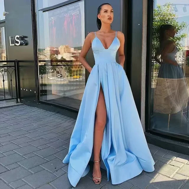 2022 Sexy V Neck Satin Evening Dresses Spaghetti Strap Side Slit Prom Dress High Waist Evening Gowns Party Dress Robe de soiree
2022 Sexy V Neck Satin Evening Dresses Spaghetti Strap Side Slit Prom Dress High Waist Evening Gowns Party Dress Robe de soiree