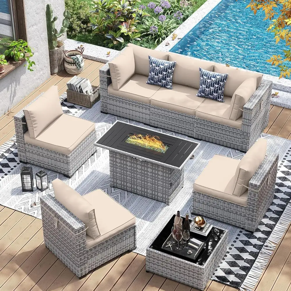 44 Fire Pit Table with 8-Piece Outdoor Sectional Furniture Set, Beige Cushions and Grey Rattan Patio Set
44 Fire Pit Table with 8-Piece Outdoor Sectional Furniture Set, Beige Cushions and Grey Rattan Patio Set