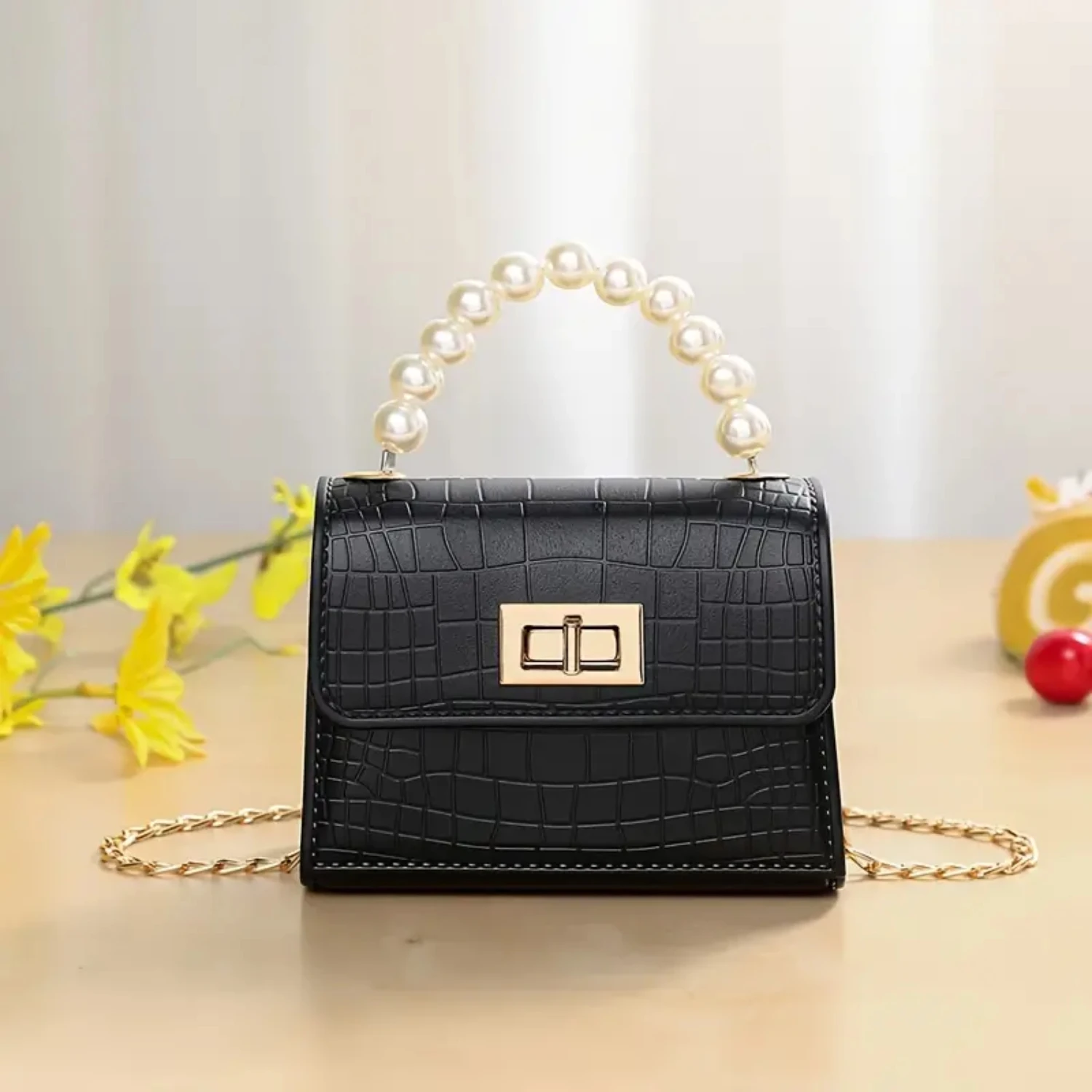 Croc Embossed Flap Shoulder Bag, Faux Pearl Handle Turn Lock Tote Bag, Women's PVC Mini Handbag
Croc Embossed Flap Shoulder Bag, Faux Pearl Handle Turn Lock Tote Bag, Women's PVC Mini Handbag