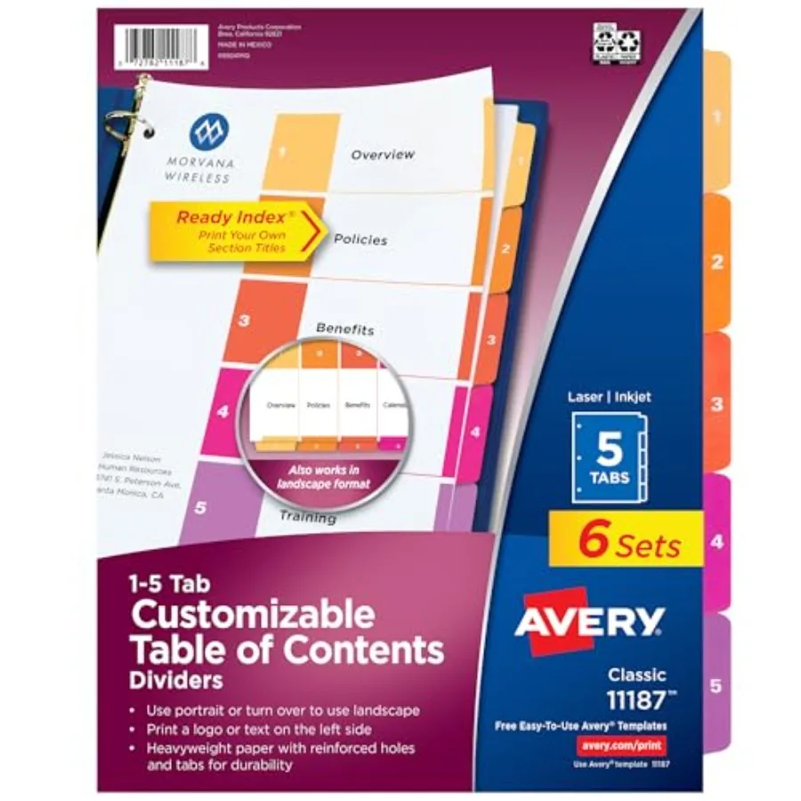 5 Tab Dividers for 3 Ring Binders, Customizable Table of Contents, Multicolor Tabs, 6 Sets 11187
5 Tab Dividers for 3 Ring Binders, Customizable Table of Contents, Multicolor Tabs, 6 Sets 11187