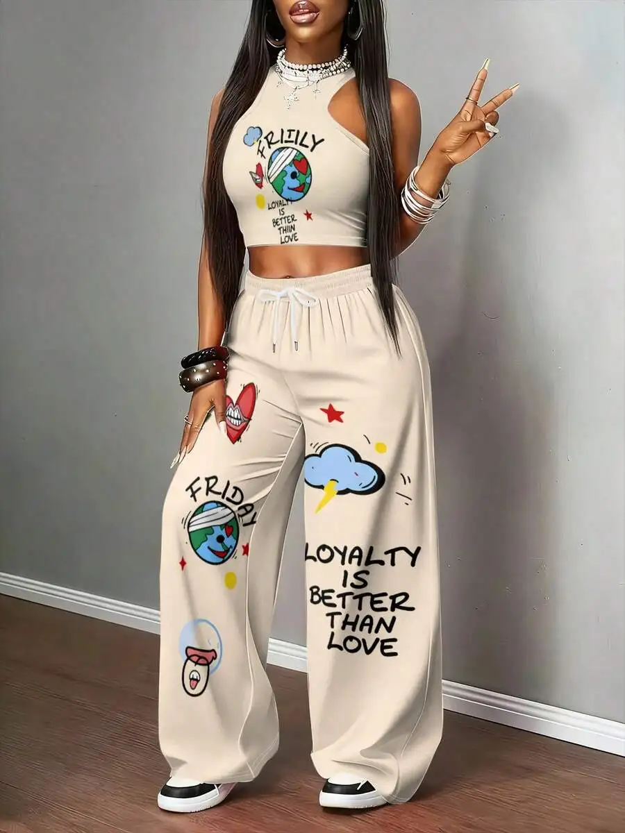 Womens Y2K Cartoon Graffiti Halter Top And Wide Leg Pants 2 Piece Set Casual Streetwear
Womens Y2K Cartoon Graffiti Halter Top And Wide Leg Pants 2 Piece Set Casual Streetwear