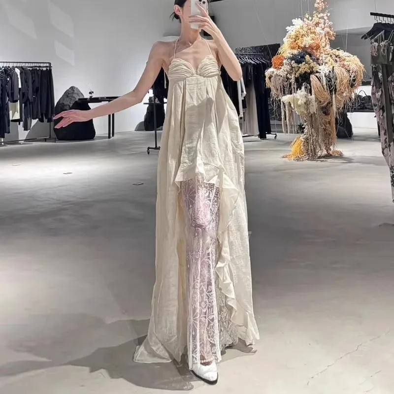 Elegant Lace Patchwork Strap Dresses Spring Women Sleeveless V Neck Big Swing Dress Summer High Waist Loose Mesh Camisole Dress
Elegant Lace Patchwork Strap Dresses Spring Women Sleeveless V Neck Big Swing Dress Summer High Waist Loose Mesh Camisole Dress