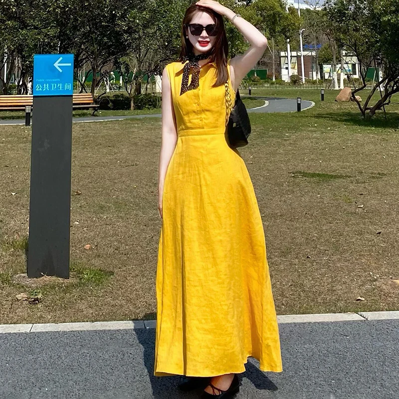 French Yellow Dress Summer Unique Premium Solid Color Shirt High Waist Long Fashion Lapel Button Sleeveless A-Line Midi Dresses
French Yellow Dress Summer Unique Premium Solid Color Shirt High Waist Long Fashion Lapel Button Sleeveless A-Line Midi Dresses