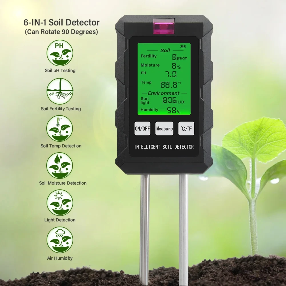 6-in-1 Soil Tester: pH/Fertility/Temperature/Moisture/Light/Air Humidity | No Battery Included
6-in-1 Soil Tester: pH/Fertility/Temperature/Moisture/Light/Air Humidity | No Battery Included