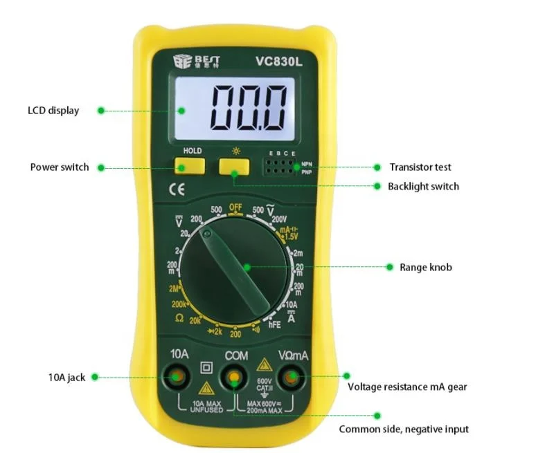 VC830L Auto - DC AC Voltage Resistance Ranging Frequency Mini Pocket Portable Multimetro Digital Multimeter 20A Tester
VC830L Auto - DC AC Voltage Resistance Ranging Frequency Mini Pocket Portable Multimetro Digital Multimeter 20A Tester