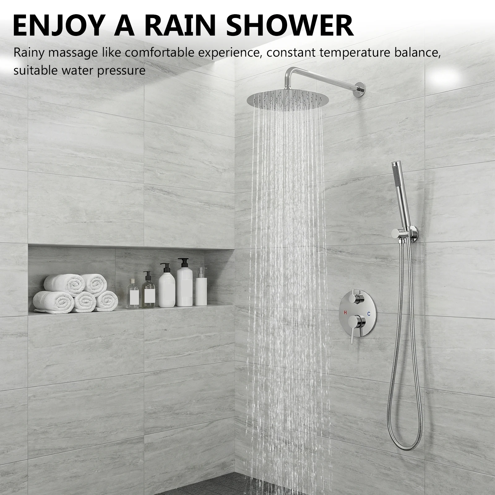 2-Setting Round Rain Shower System with 10 Inch Showerhead Rainfall Shower System with Rough-in Valve for Home Hotel Hard Water
2-Setting Round Rain Shower System with 10 Inch Showerhead Rainfall Shower System with Rough-in Valve for Home Hotel Hard Water