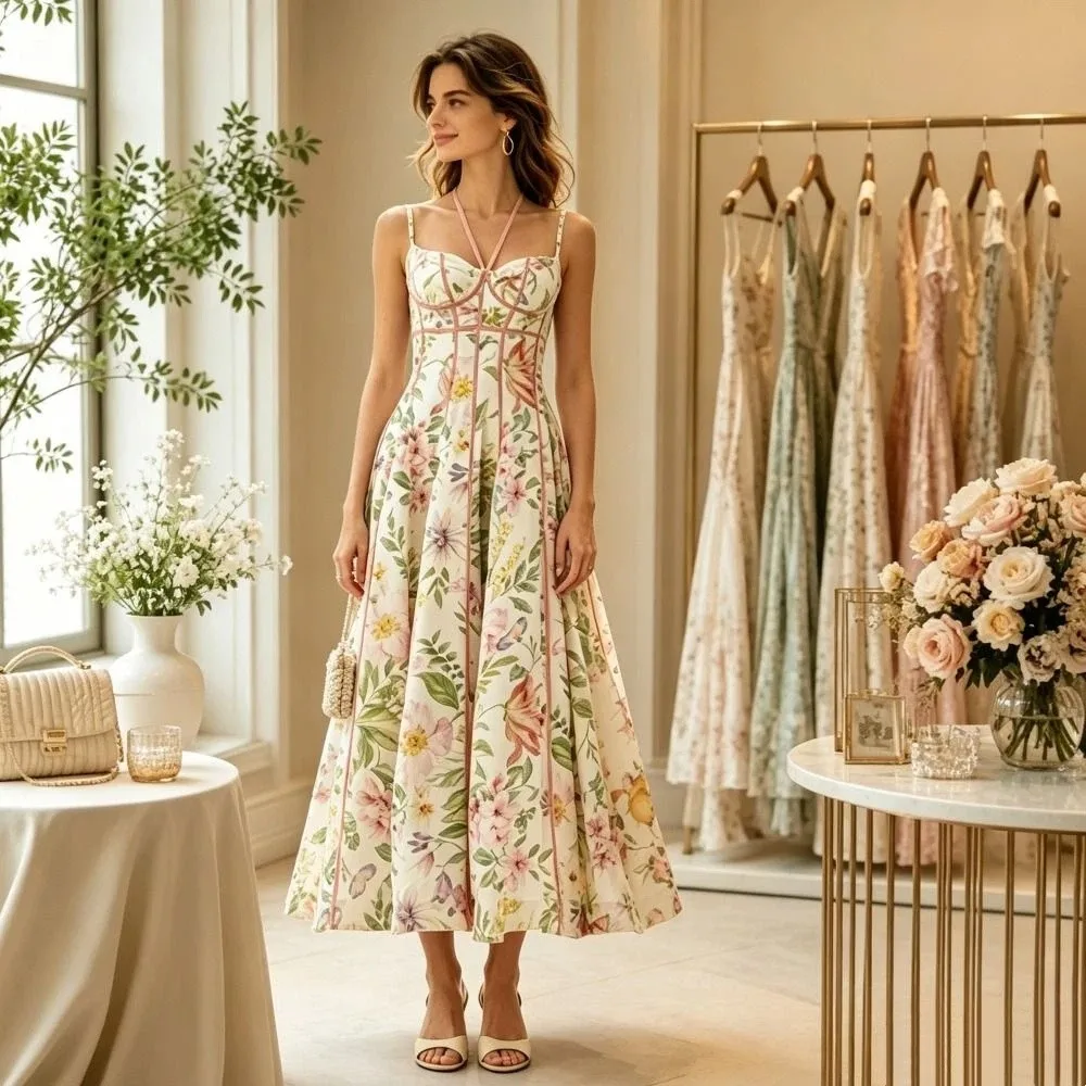 Elegant Flower Floral Printed Dress Waist-cinching Summer A-Line Dress Sleeveless Beachwear Spaghetti Strap Dress Clothes
Elegant Flower Floral Printed Dress Waist-cinching Summer A-Line Dress Sleeveless Beachwear Spaghetti Strap Dress Clothes