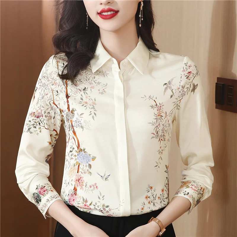 Hangzhou Silk Shirts Women's Blouses 2024 New Spring Autumn Flower Satin Long sleeved Tops Elegant OL Business Work Shirts
Hangzhou Silk Shirts Women's Blouses 2024 New Spring Autumn Flower Satin Long sleeved Tops Elegant OL Business Work Shirts
