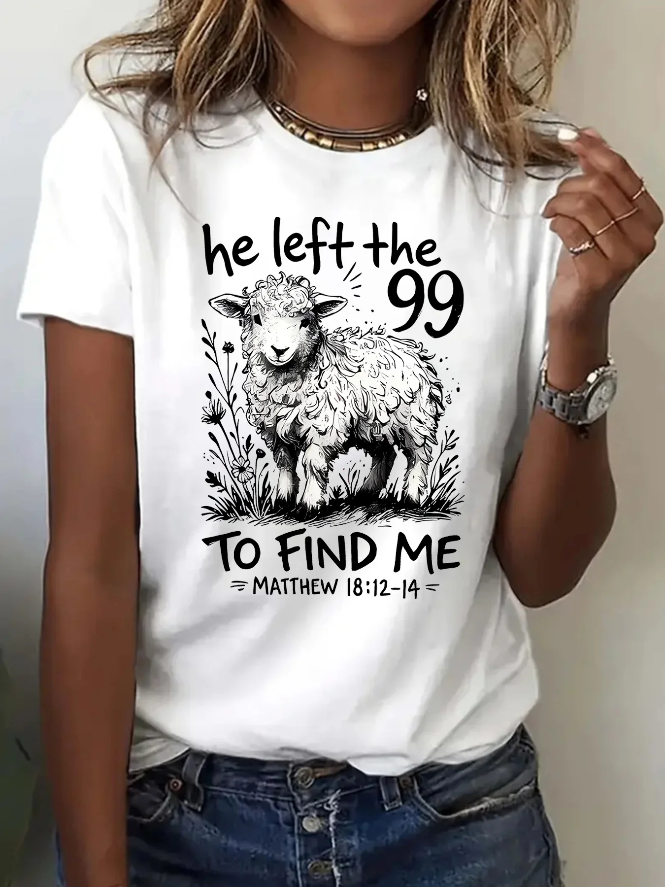 Women's Summer Crew Neck T-Shirt, He Left the 99 to Find Me Sheep Graphic Tee, Matthew 18:12-14 Bible Verse Casual Top, Christian Faith Shirt Soft Comfy Daily Wear
Women's Summer Crew Neck T-Shirt, He Left the 99 to Find Me Sheep Graphic Tee, Matthew 18:12-14 Bible Verse Casual Top, Christian Faith Shirt Soft Comfy Daily Wear