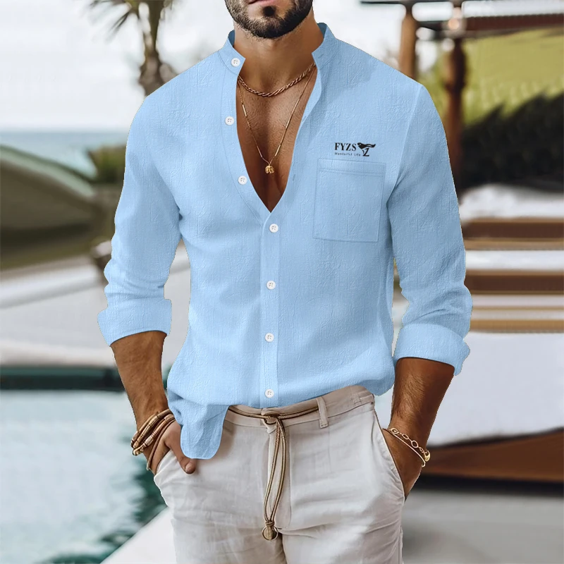 Men's Cotton Linen Shirts Solid Color pocket Long Sleeved Shirt Summer business casual Blouses Male Stand Collar Beach Style Top
Men's Cotton Linen Shirts Solid Color pocket Long Sleeved Shirt Summer business casual Blouses Male Stand Collar Beach Style Top