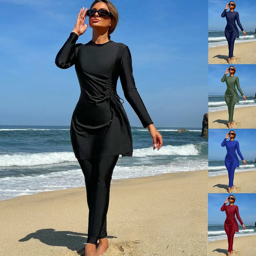 Long Sleeve Tunic Swimwear Two Piece Full Length Leggings Swimsuit Ruched Side High Neck Bathing Suit Black Navy Blue Swim Suit
Long Sleeve Tunic Swimwear Two Piece Full Length Leggings Swimsuit Ruched Side High Neck Bathing Suit Black Navy Blue Swim Suit