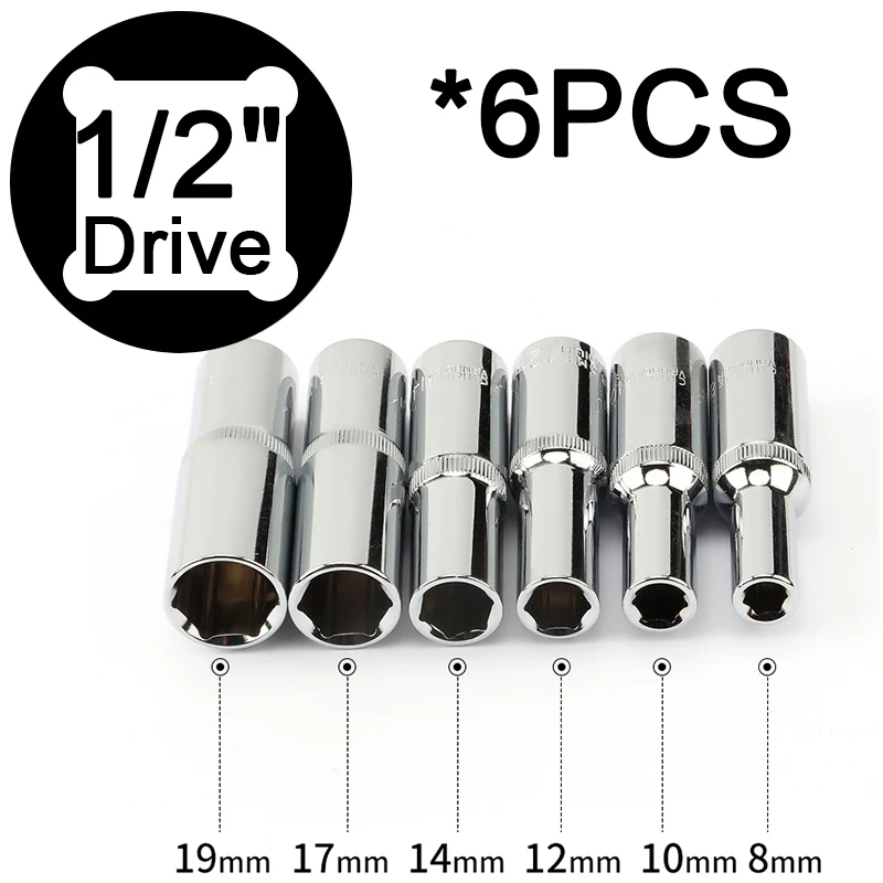 6pcs 1/2 Inch Deep Sockets Set - 12.5mm Square Hole - 78mm Length - Auto Repair Hand Tools - 8 10 12 14 17 19mm
6pcs 1/2 Inch Deep Sockets Set - 12.5mm Square Hole - 78mm Length - Auto Repair Hand Tools - 8 10 12 14 17 19mm